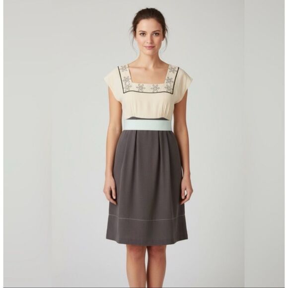 Anthropologie Diodore Snowflake 100% Silk "Alpine Tie Back Dress" gray/cream 10 - Picture 1 of 9